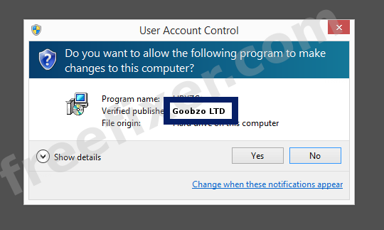 Screenshot where Goobzo LTD appears as the verified publisher in the UAC dialog